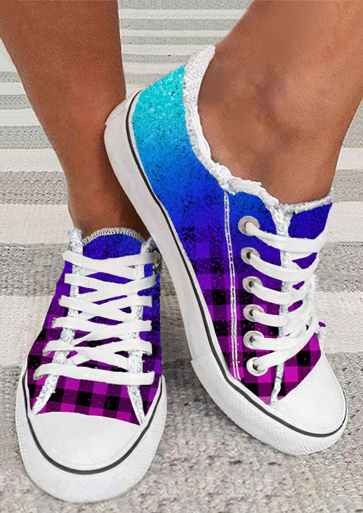 

Gradient Glitter Plaid Lace Up Flat Sneakers, Multicolor, SCM009709