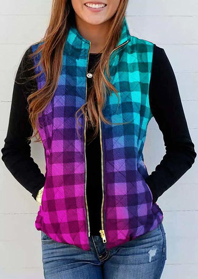 

Gradient Plaid Pocket Zipper Vest Coat, Multicolor, SCM009719