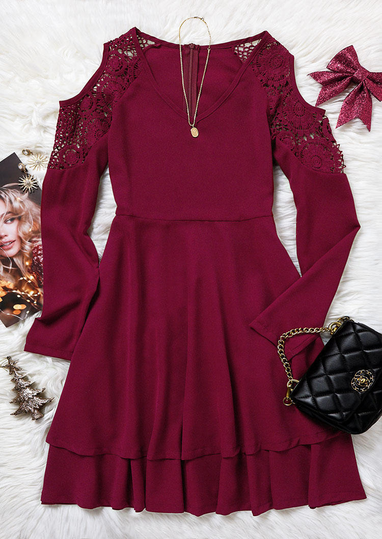 Lace Splicing Cold Shoulder Layered Mini Dress - Burgundy