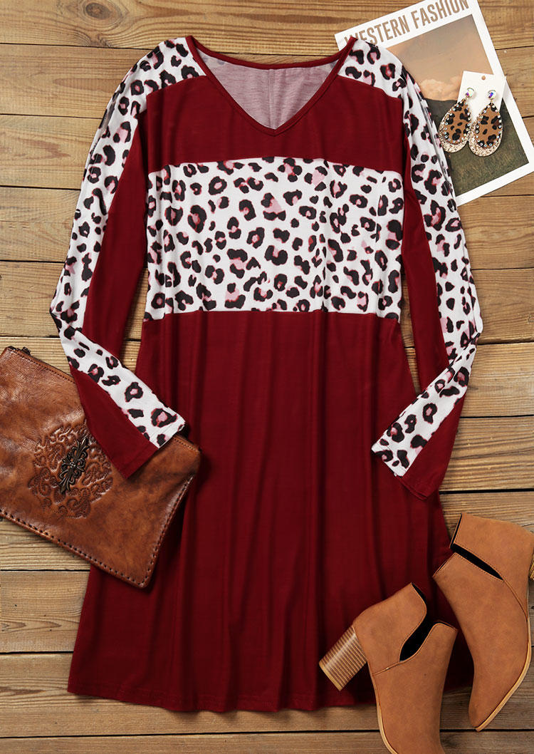 Leopard Color Block Cold Shoulder Mini Dress