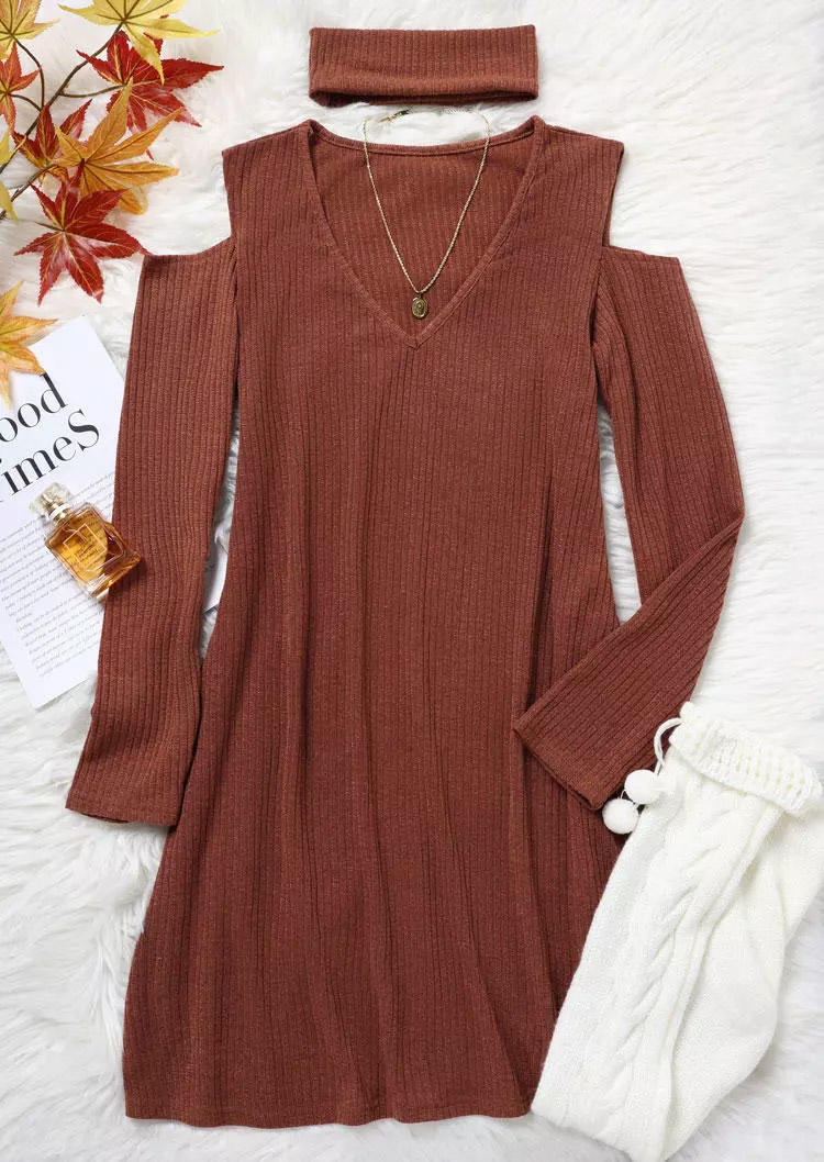 Long Sleeve V-Neck Mini Dress With Scarf - Coffee