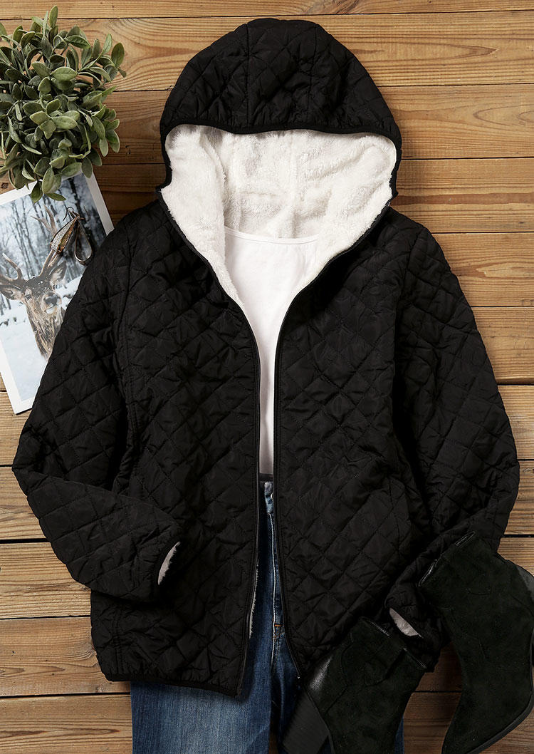 Zipper Pocket Warm Hooded Coat - Black