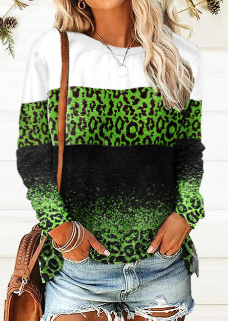 

Leopard Gradient Color Block O-Neck Blouse - Green, SCM008982