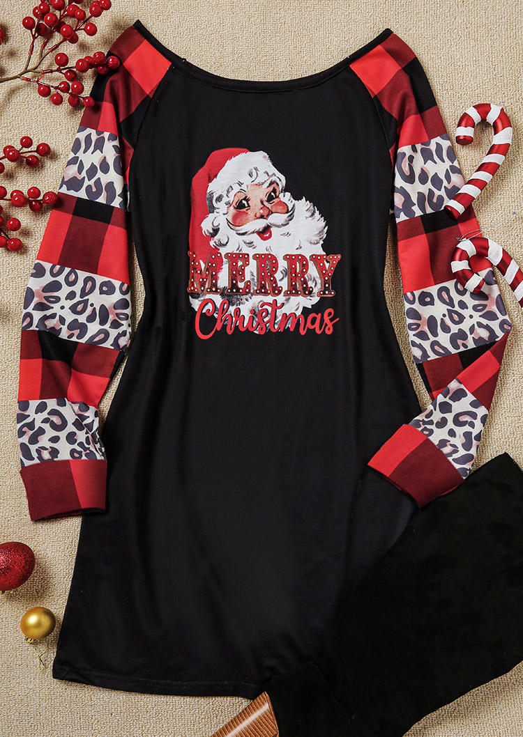 Merry Christmas Leopard Plaid Santa Claus Mini Dress - Black