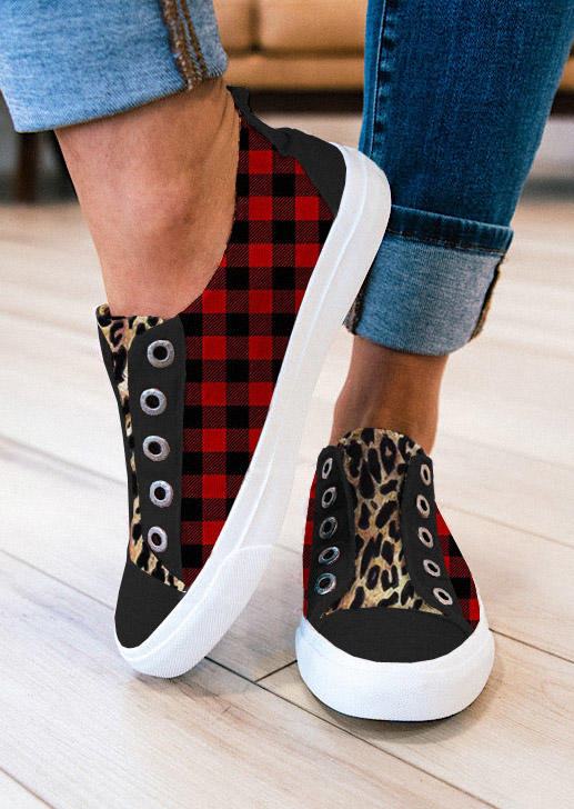

Leopard Plaid Slip On Sneakers - Red, SCM009135