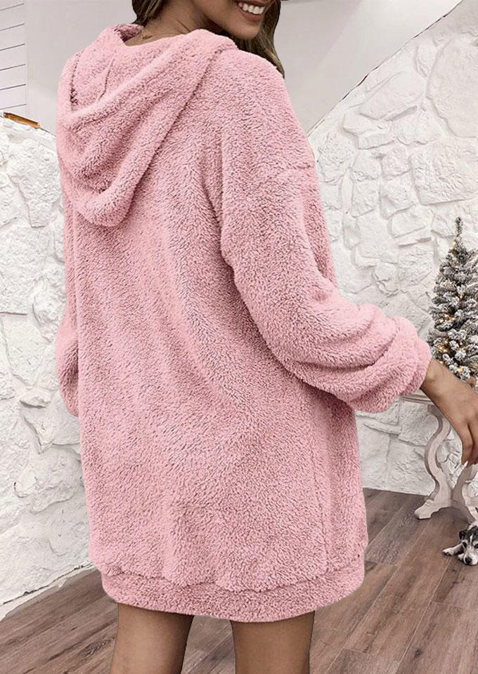 Zipper Kangaroo Pocket Fuzzy Hoodie Mini Dress - Pink