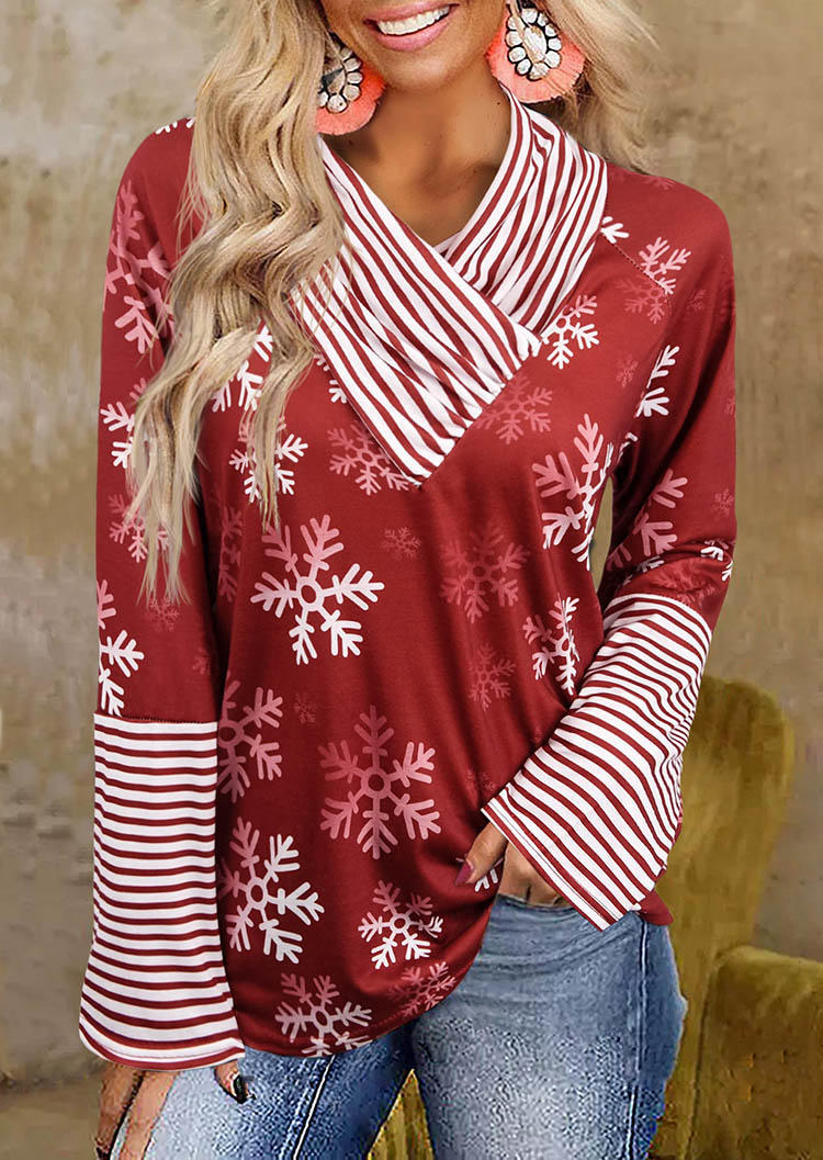 

Christmas Snowflake Striped Long Sleeve Blouse - Red, SCM009189