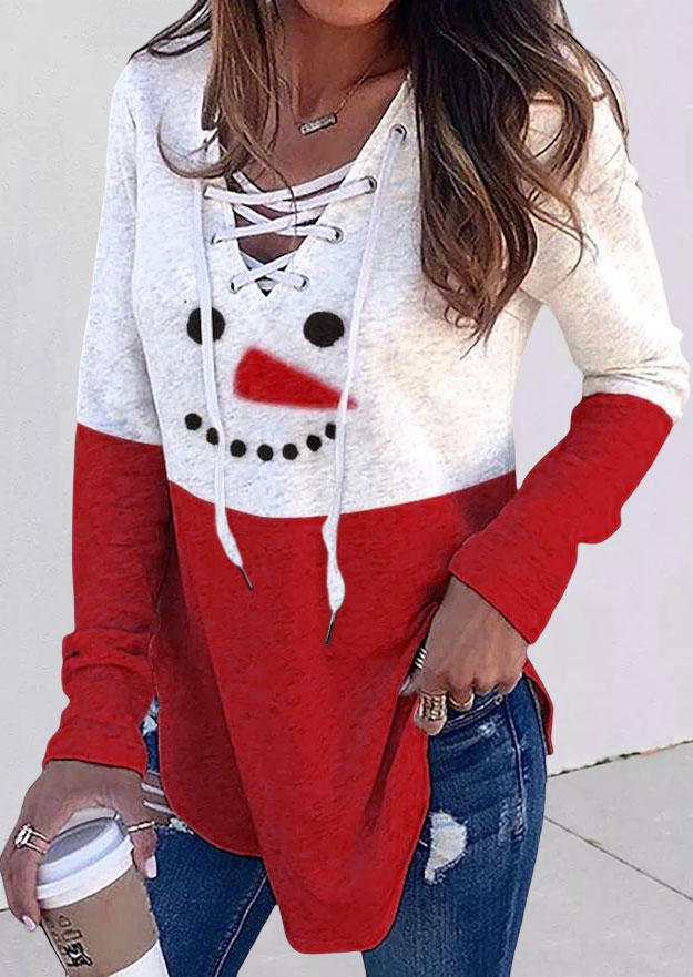 

Christmas Snowman Color Block Lace Up Blouse, Multicolor, SCM009190