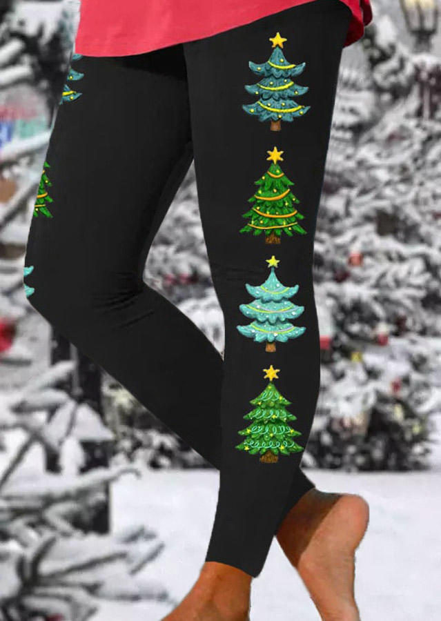 

Christmas Tree Elastic Waist Skinny Leggings - Black, SCM009240