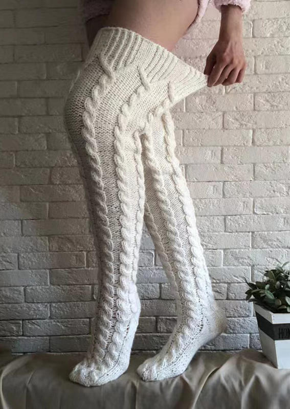 Warm Crochet Over Knee Extra Long Knitted Socks - White