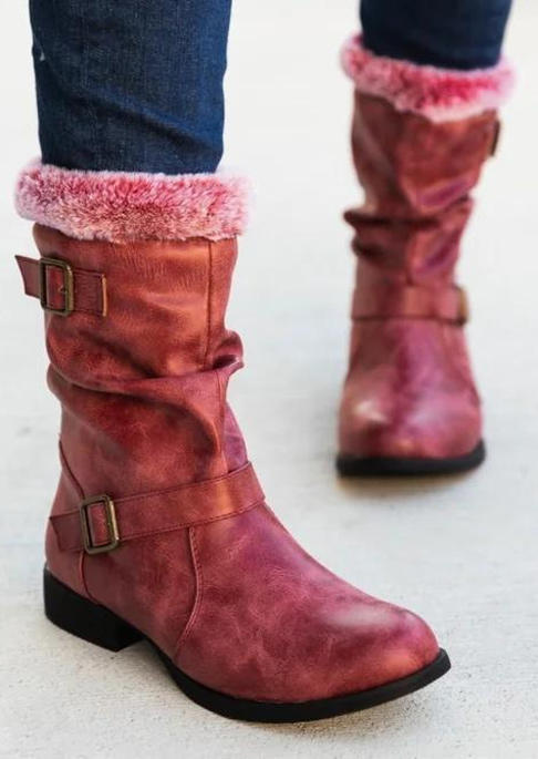 Buckle Strap Plush Thickened Warm PU Leather Boots - Red