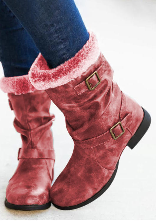 Buckle Strap Plush Thickened Warm PU Leather Boots - Red