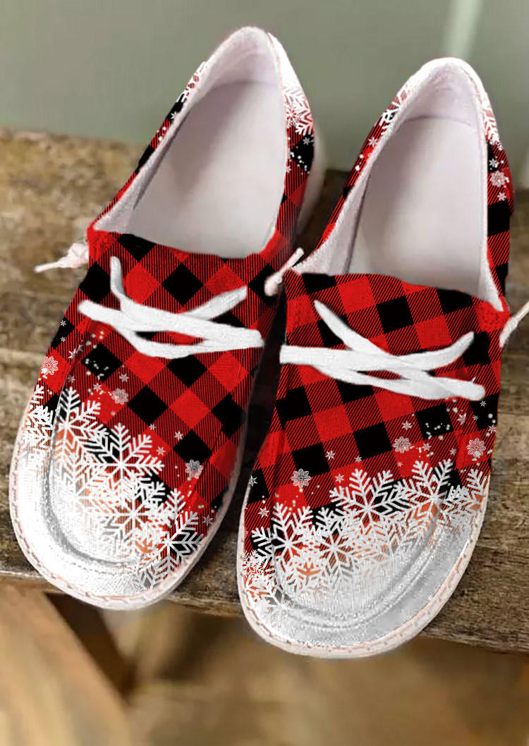 Christmas Plaid Snowflake Lace Up Flat Sneakers
