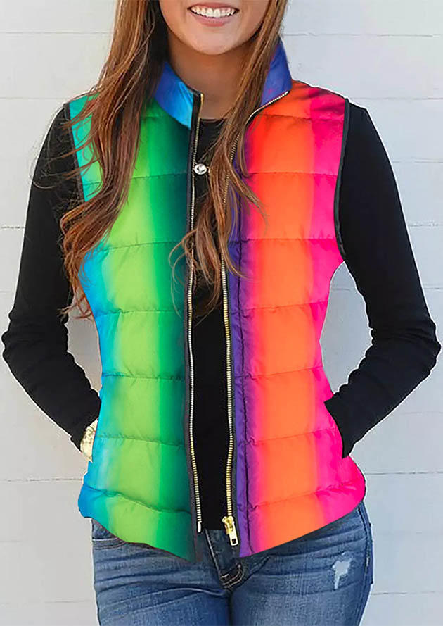 

Gradient Color Block Pocket Zipper Vest Coat, Multicolor, SCM009607