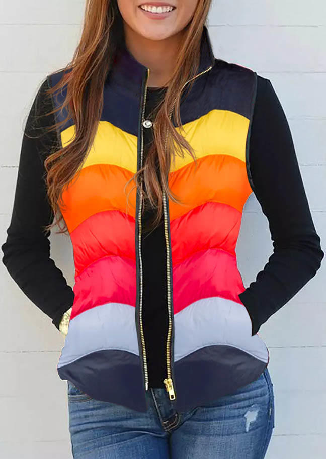 

Color Block Zipper Pocket Vest Coat, Multicolor, SCM009608