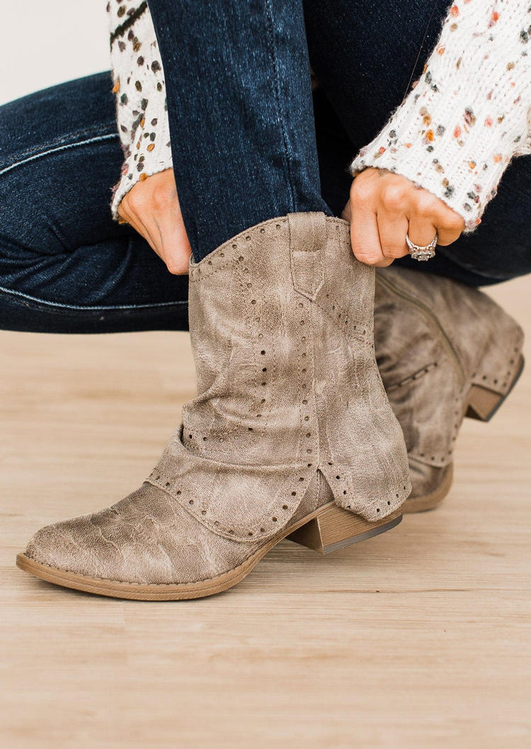 

Zipper Round Toe Square Heel Flannel Boots - Khaki, SCM009707