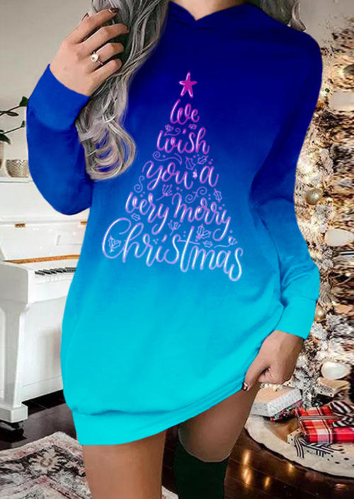 

We Wish You A Very Merry Christmas Gradient Hooded Mini Dress - Blue, SCM009718