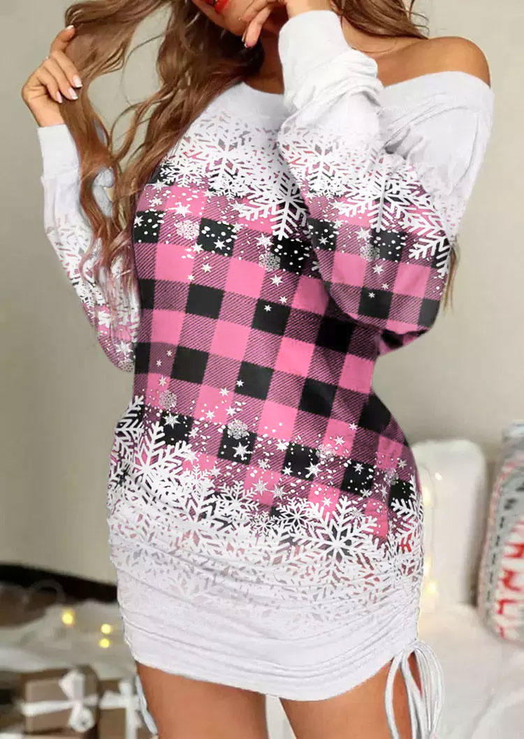 

Christmas Snowflake Plaid Gradient Drawstring Bodycon Dress - Pink, SCM009750