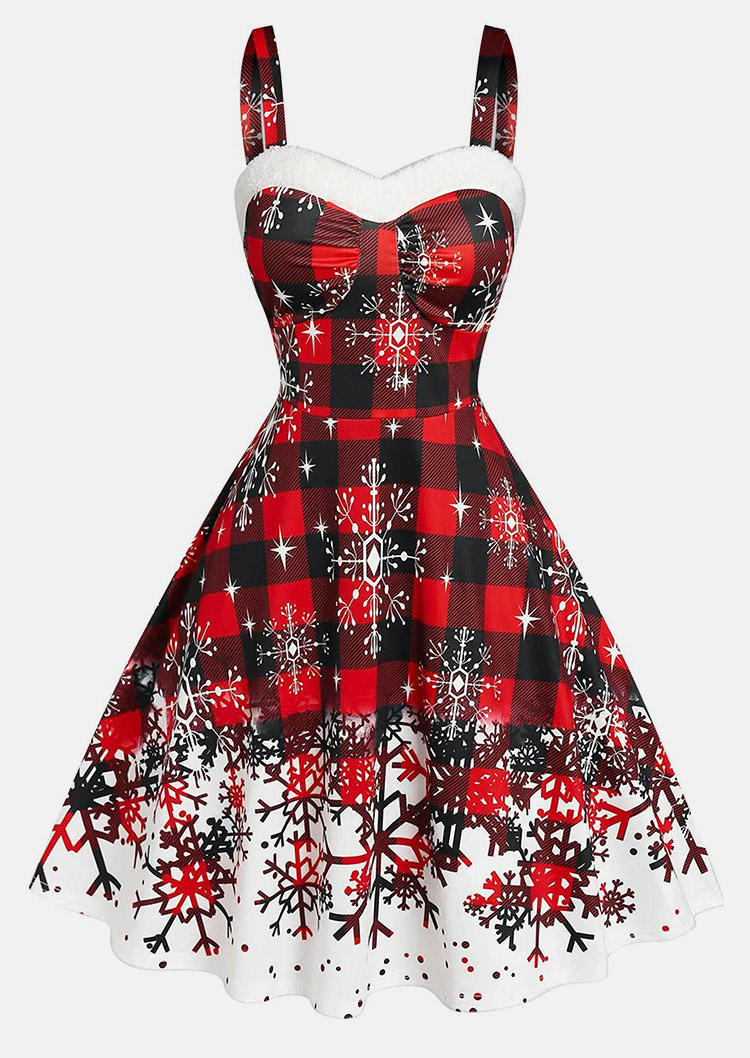 Christmas Plaid Snowflake Spaghetti Strap Mini Dress