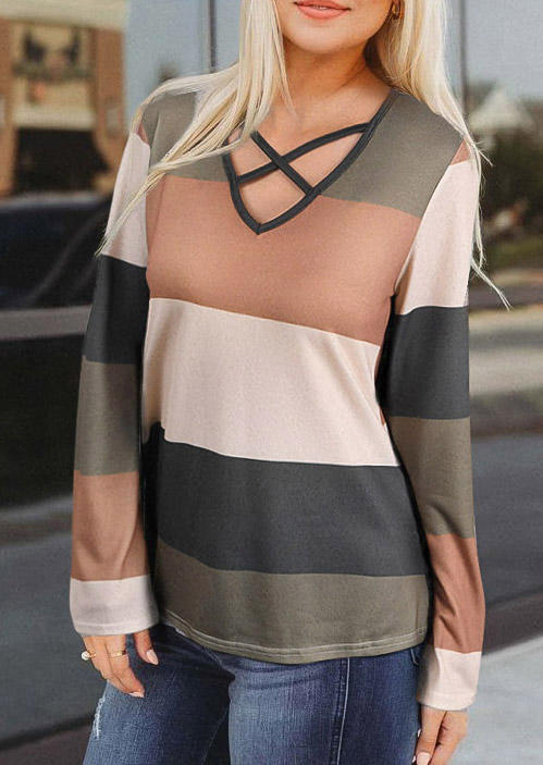 

Color Block Criss-Cross Long Sleeve Blouse, Multicolor, SCM008951