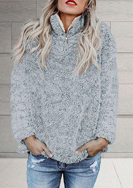 

Zipper Coral Fleece Long Sleeve Sweatshirt - Gray, SCM008993