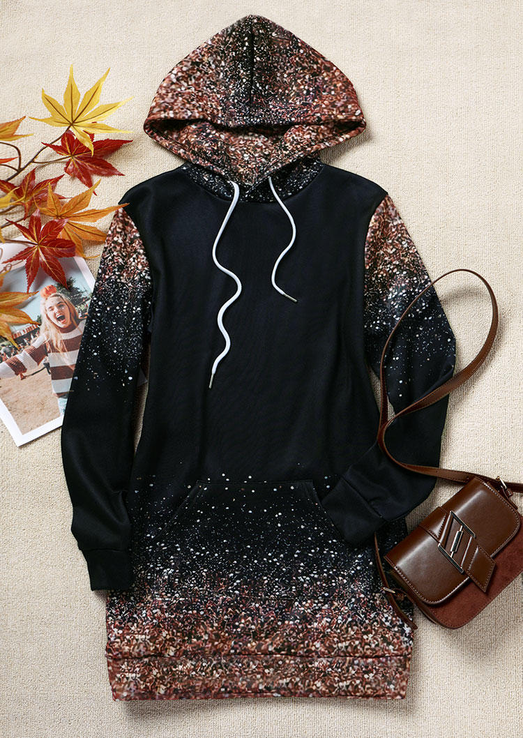 Glitter Kangaroo Pocket Hooded Mini Dress - Black