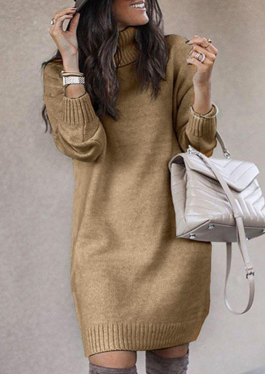 

Knitted Turtleneck Sweater Dress - Khaki, SCM009347