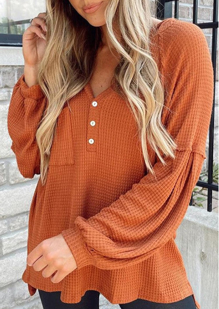 

Button Pocket Waffle Hooded Blouse - Orange, SCM009378