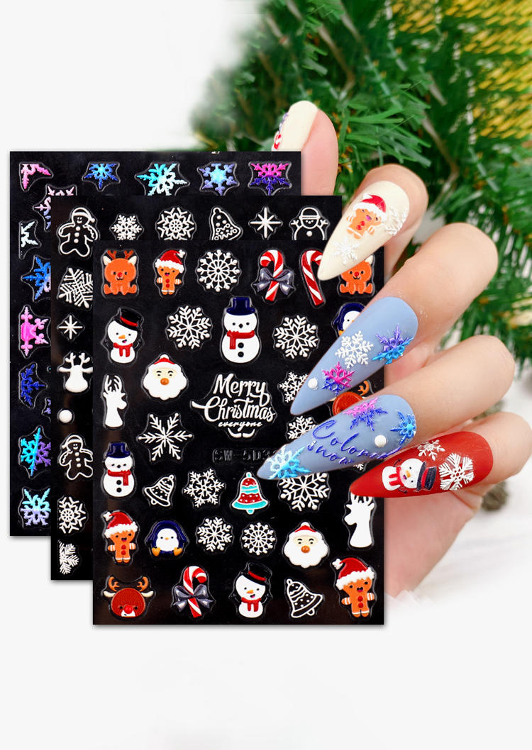 

3Pcs Merry Christmas Snowman Snowflake Nail Stickers, Multicolor, SCM009393