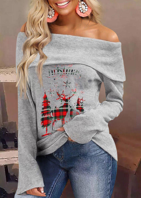 

Christmas Tree Plaid Reindeer Snowflake Blouse - Gray, SCM009431