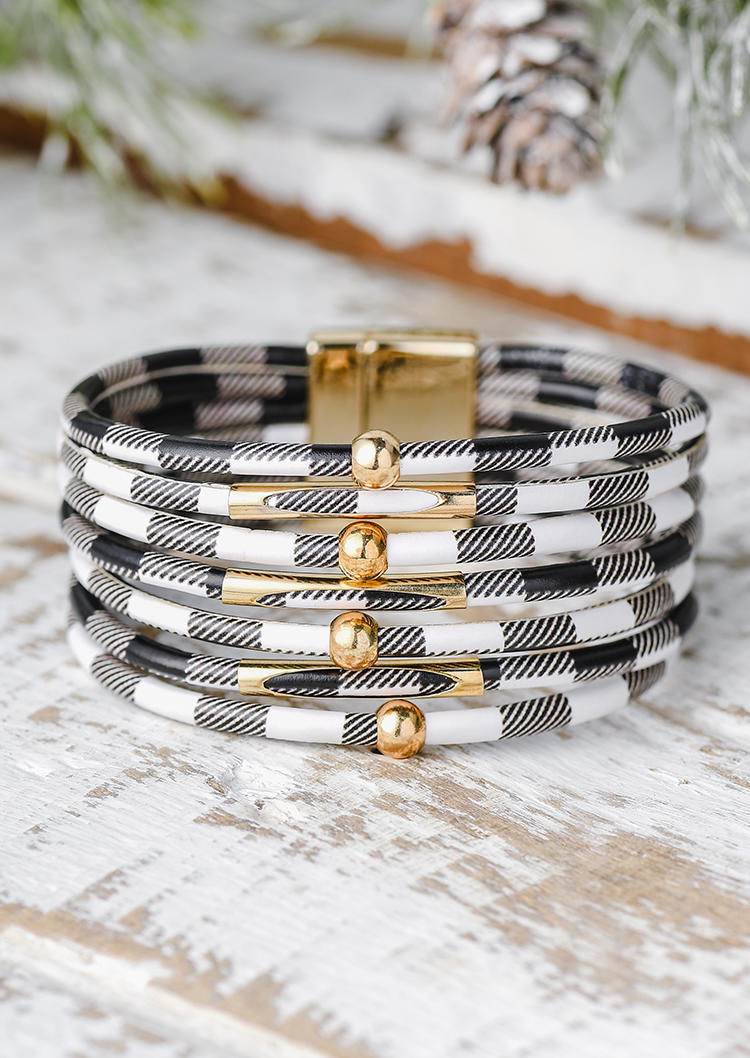 

Plaid Magnet Buckle Leather Bracelet, Black, SCM009477
