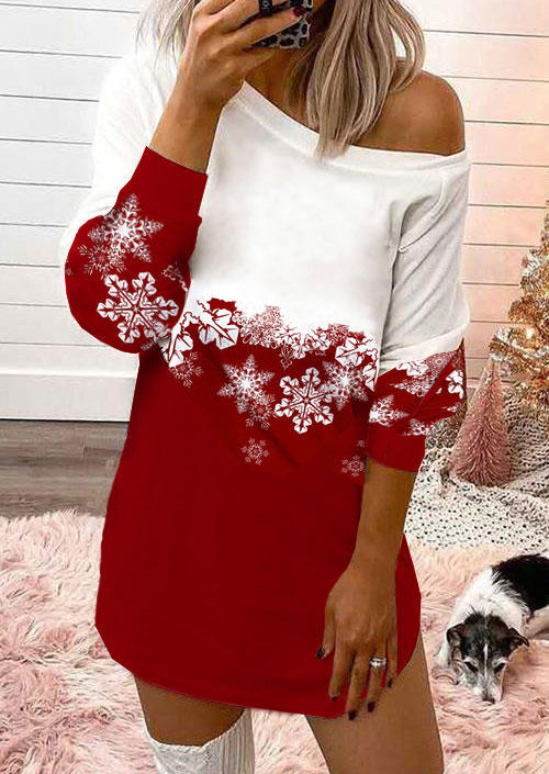

Christmas Snowflake Raglan Sleeve Mini Dress - Red, SCM009495