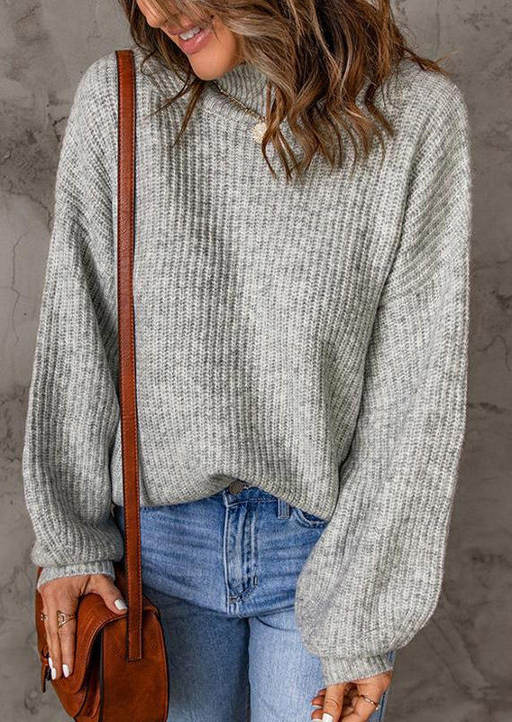

Knitted Drop Shoulder Turtleneck Sweater - Gray, SCM009559