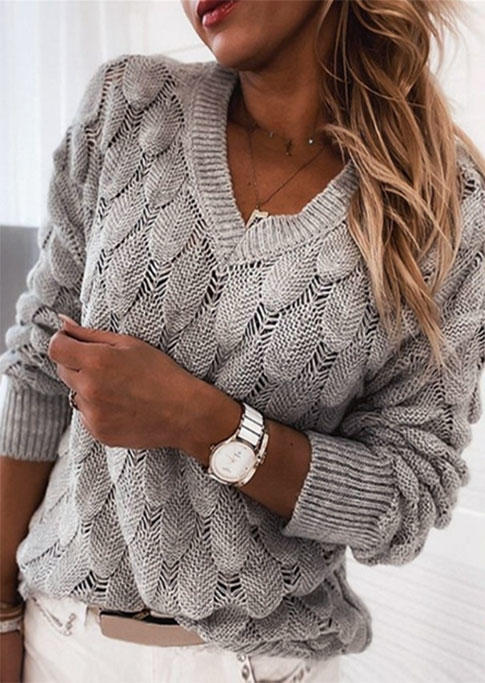 

Feather Long Sleeve V-Neck Sweater - Gray, SCM009561