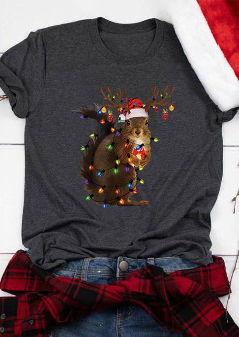 

Christmas Lantern Squirrel O-Neck T-Shirt Tee - Gray, SCM009599