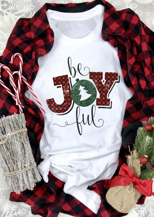 

Christmas Tree Be Joyful Plaid T-Shirt Tee - White, SCM009656