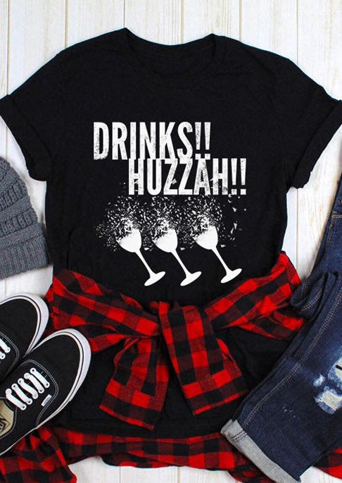 

Drinks Huzzah O-Neck T-Shirt Tee - Black, SCM009657