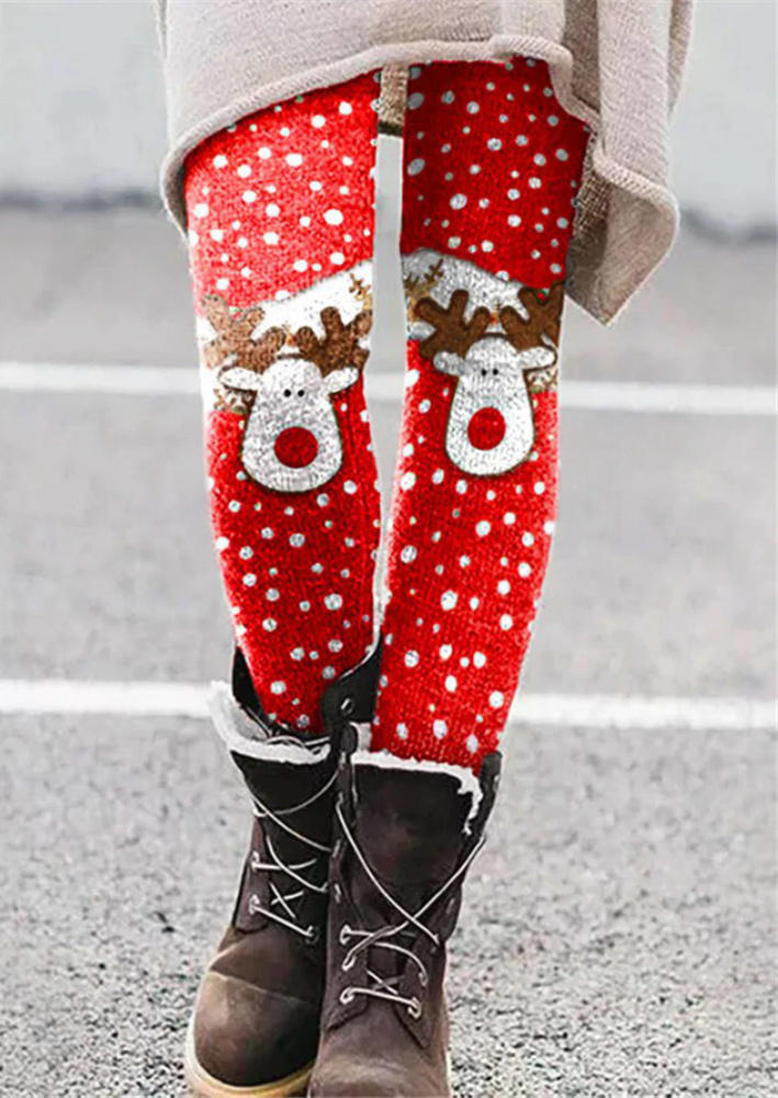 

Christmas Reindeer Elastic Waist Skinny Leggings - Red, SCM009662