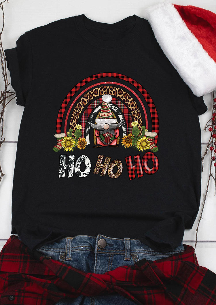 

Christmas Ho Ho Ho Plaid Leopard Sunflower T-Shirt Tee - Black, SCM009694