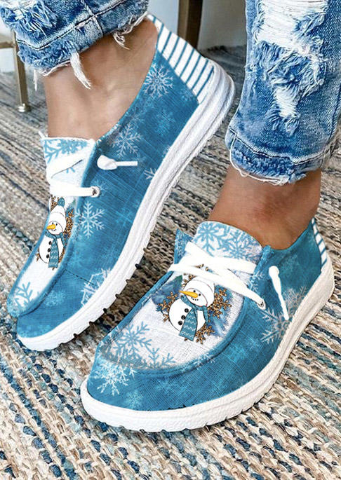Christmas Snowman Snowflake Leopard Flat Sneakers - Blue