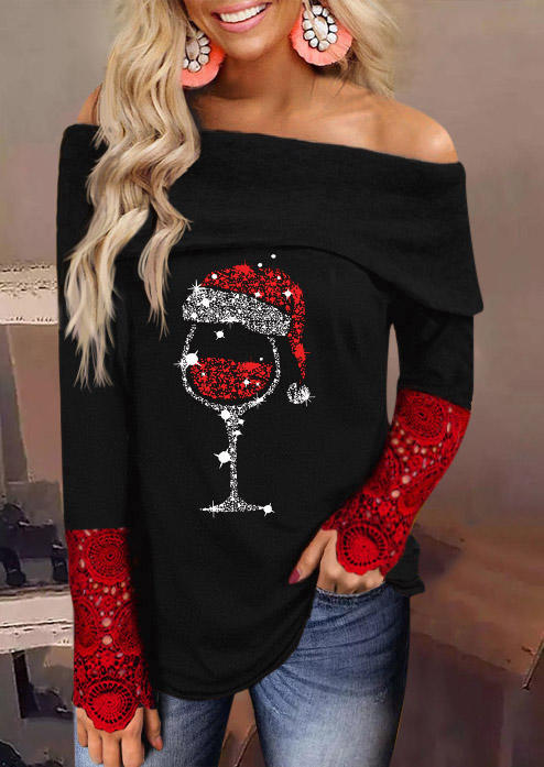 Christmas Hat Wine Glass Lace Splicing Blouse - Black SCM009768