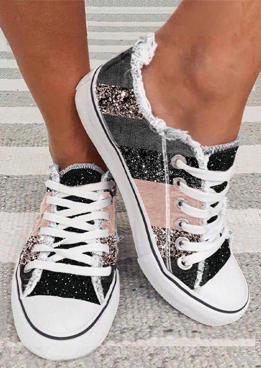 

Glitter Color Block Lace Up Flat Sneakers, Multicolor, SCM009852