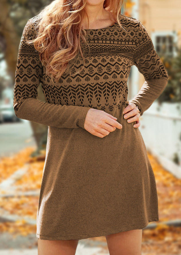 

Vintage Ethnic Style Long Sleeve Mini Dress - Khaki, SCM008536