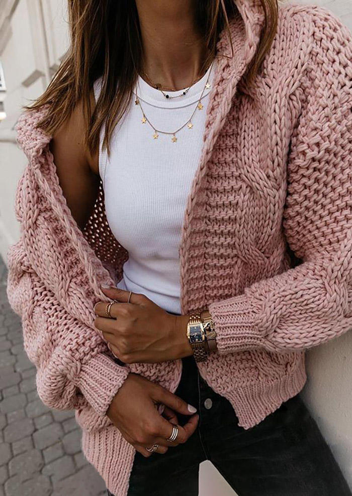 

Crocheted Knitted Long Sleeve Hooded Cardigan - Pink, SCM008654