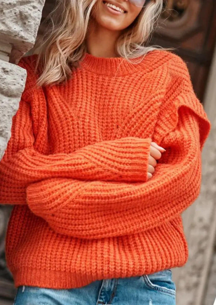 

Knitted Long Sleeve O-Neck Sweater - Orange, SCM008949