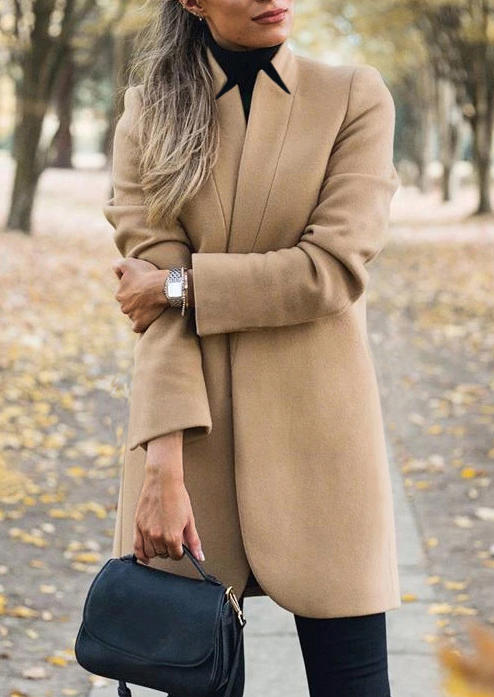 

Long Sleeve Stand Collar Coat - Khaki, SCM008956