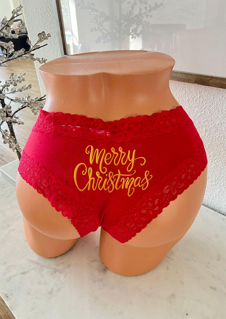 Lace Splicing Merry Christmas Panties - Red