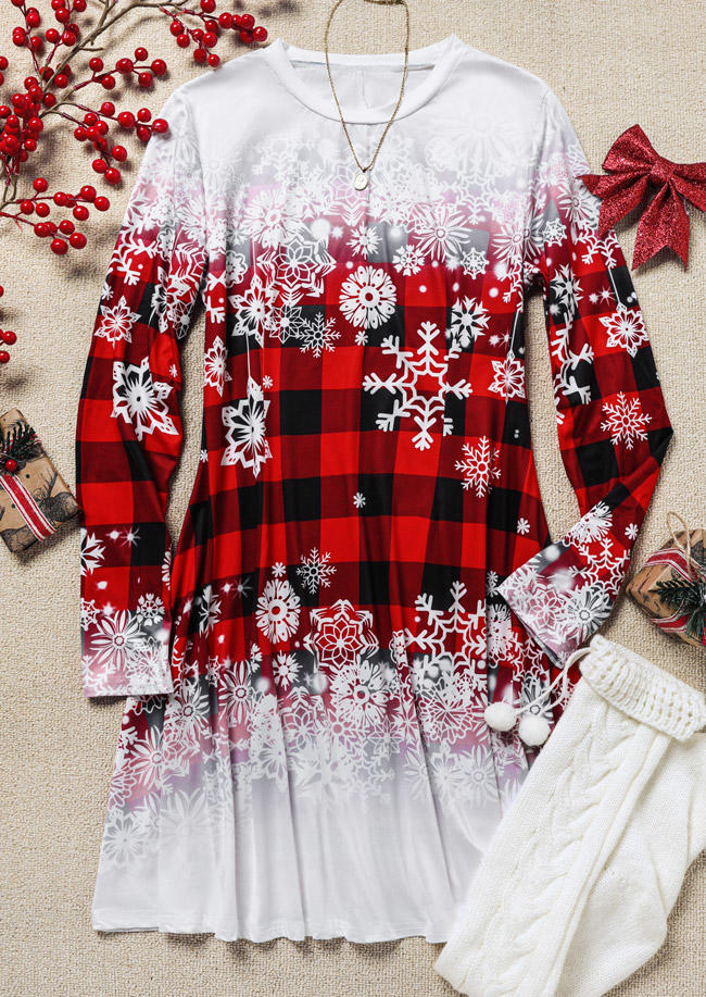 Christmas Snowflake Plaid Gradient Mini Dress