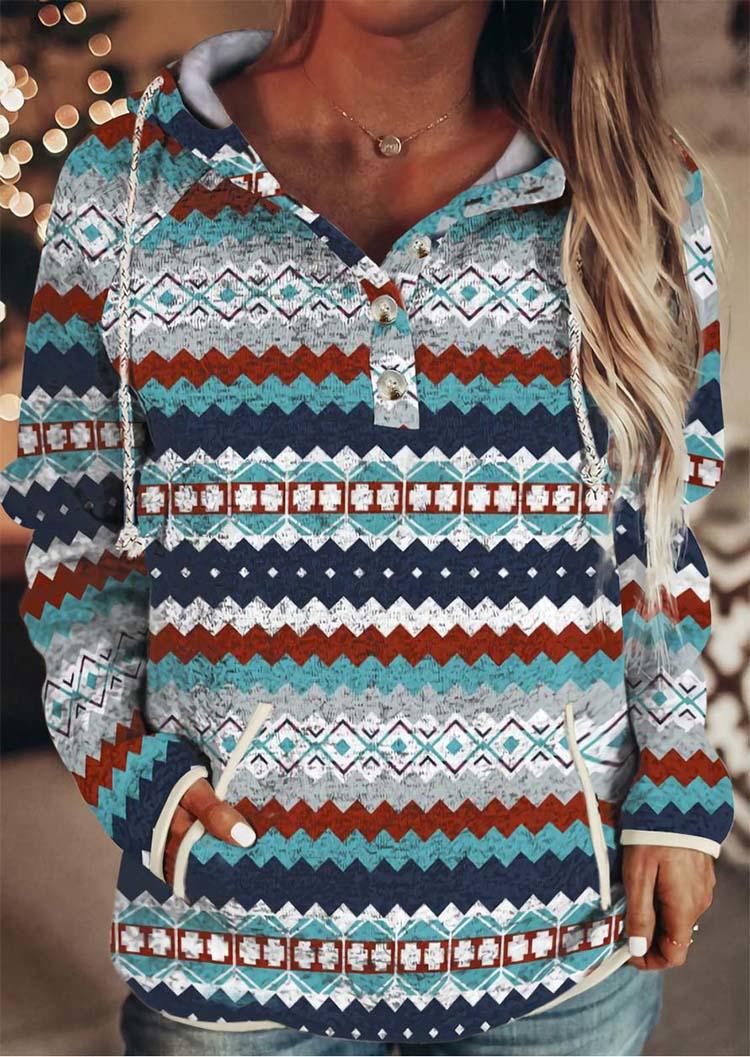 

Geometric Kangaroo Pocket Button Hoodie, Multicolor, SCM009547