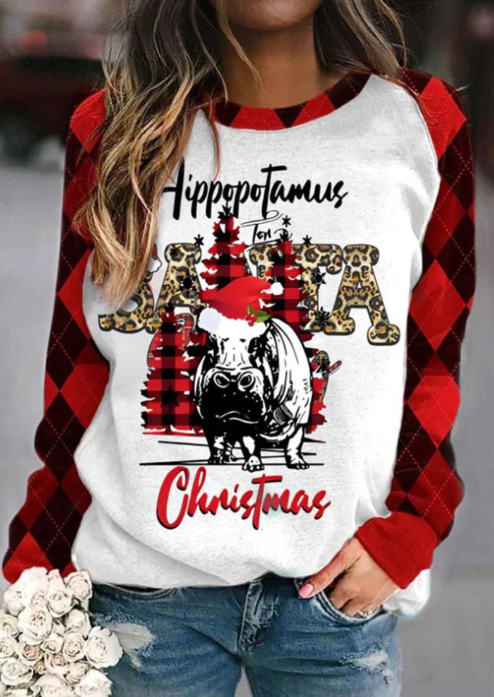 Hippopotamus For Santa Christmas Leopard Plaid Sweatshirt
